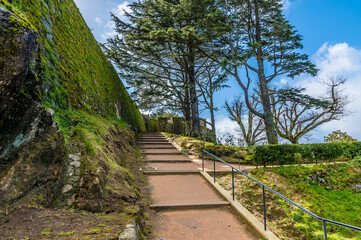 A view up the steps leading to the upper levels of the Castro castle in Vigo, Spain on a spring day