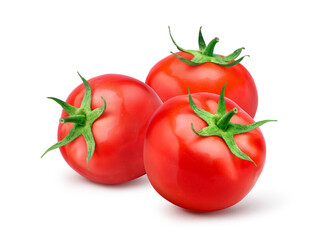 Three Juicy red tomatoes  isolated on white background. - obrazy, fototapety, plakaty