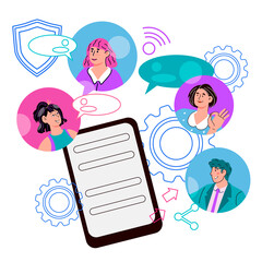 Application for work chat on mobile phone. Secure information exchange and business telecommunications, flat cartoon vector Illustration isolated on white background.
