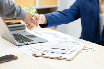 Job applicant having interview, Welcome to team Business people handshake with executive manager to Sign Approval Into the company, business meeting, Greeting deal, congratulation.