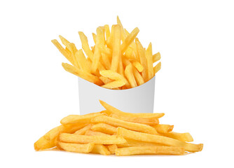 French fries in a white paper box isolated on white background.