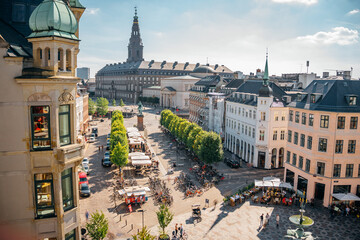 Roof view of Stroget - the most famous shopping area in Copenhagen full of visitors - obrazy, fototapety, plakaty