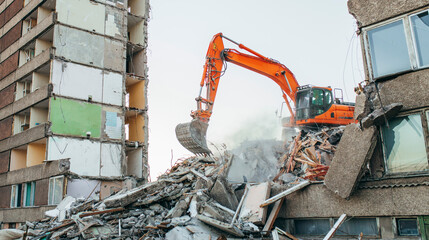 Process of demolition of  building. Excavator breaking old house.