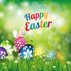 Happy Easter Greetings With Eggs Grass Bunny On Green Bokeh Background