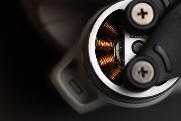 Closeup of a drone electro motor and its coils from the top