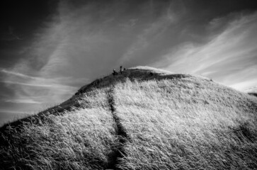 Low angle shot of a hill under the cloudy skies - in grayscale