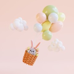 Basket with rabbit tulip bouquet flying on air balloons on pink background. Universally greeting card. 3D render