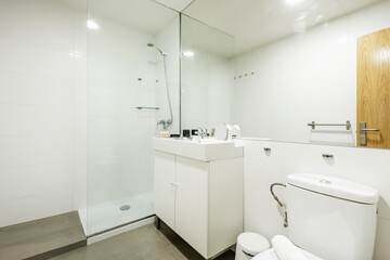 Bathroom with wall-to-wall mirror, glass-enclosed shower stall, and white porcelain sink