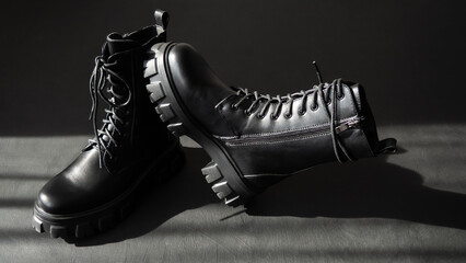 Black leather lace-up boots. Fashionable, stylish collection of women's shoes. Close-up. Black background.