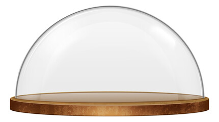 Realistic glass dome on wooden tray. Exhibition showcase © ssstocker