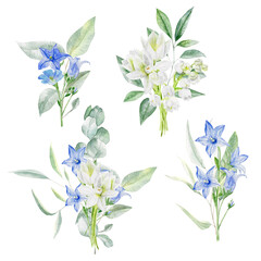 Watercolor set with bouquets of white daffodil, bluebells and lilies of the valley on a white background