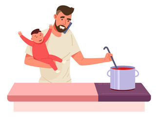 Man holding baby and cooking soup. Multitasking dad
