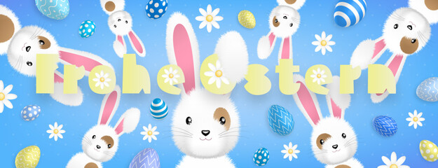 German yellow text : Frohe Ostern, with many cute white rabbits and many colored eggs and flowers all around on a blue background