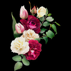 White and red roses, tulips  isolated on black background. Floral arrangement, bouquet of garden flowers. Can be used for invitations, greeting, wedding card.