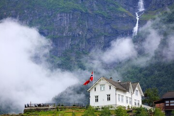 Fototapeta premium Norway flag and waterfall