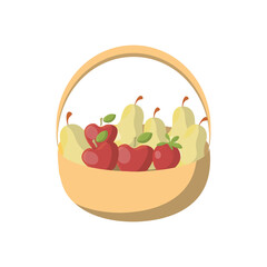 Basket with red apples and yellow pears on a white background. Illustration for children's books, material for child development, the theme of picking fruit in the garden.