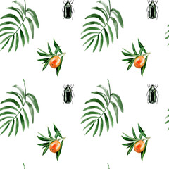 Watercolor seamless tropical pattern with monstera leaves, kumquat and green beetles on a white background
