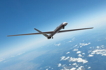 Unmanned military drone uav flying in the air, reconnaissance flight over the territory. - obrazy, fototapety, plakaty
