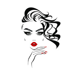 Beautiful sexy face, red lips, hand with red manicure nails, fashion woman, element design, nails studio, curly hairstyle, hair salon sign, icon. Beauty Logo. Vector illustration. Hand drawing style.