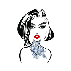 Beautiful sexy woman, red lips, flower tattoo, fashion woman, septum and eyebrow piercings, short hairstyle, hair salon sign, icon. Beauty Logo. Vector illustration. Logo tattoo studio.