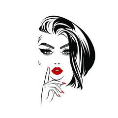 Beautiful sexy face, red lips, hand with red manicure nails, fashion woman, element design, nails studio, short hairstyle, hair salon sign, icon. Beauty Logo. Vector illustration. Hand drawing style.