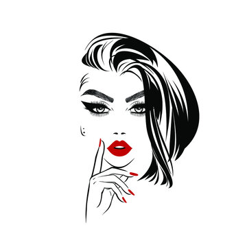 recommend clip art: Beautiful sexy face, red lips, hand with red manicure nails, fashion woman, element design, nails studio, short hairstyle, hair salon sign, icon. Beauty Logo. Vector illustration. Hand drawing style.