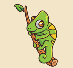 cute chameleon hug a branch. cartoon animal nature concept Isolated illustration. Flat Style suitable for Sticker Icon Design Premium Logo vector. Mascot Character