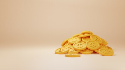 3D rendering of money investment concept. pile of gold coins on 3d background invest saving business
