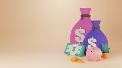 3d rendering of money investment concept gold coins money bags banknotes future planning Illustration on a 3D rendering background.