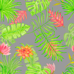 Fototapeta na wymiar Seamless watercolor pattern of tropical monstera leaves, palm and flowers. 