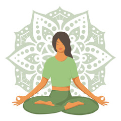 woman in yoga pose in front of mandala