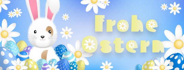 German yellow text : Frohe Ostern, with a cute white rabbit behind colored eggs and flowers on a blue background