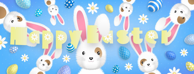 Obraz na płótnie Canvas Happy Easter yellow text, with many cute white rabbits and many colored eggs and flowers all around on a blue background