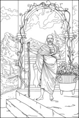 Coloring book for adults. Monk. Vector black and white illustration. Monk at the temple in the mountains.