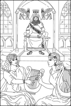 Coloring book for adults. Sumerians. Religion. Girls playing harps.Black and white vector image.