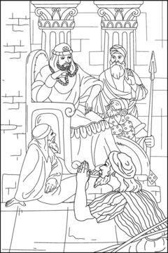 Coloring book for adults. King on the throne. Citizens, servants. Black and white vector image.