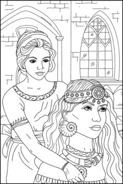 Coloring book for adults. Sumerian maid dresses the earrings for the Sumerian queen. Sumerians. Black and white vector image.