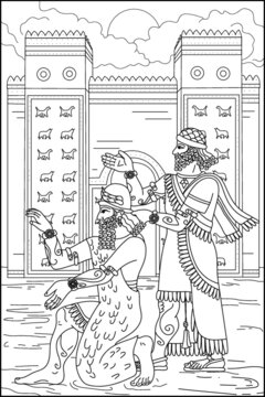Coloring book for adults. Sumerians. Religion. Sumerian people. Black and white vector image.