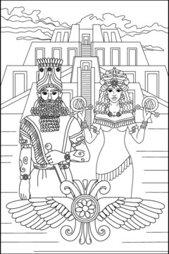 Coloring book for adults. Sumerians. Sumerian king and queen. Ancient world. Vector image.