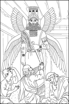 Coloring book for adults. Sumerians. Ancient world. People pray to the Sumerian god. Vector image.