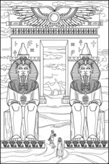 Egyptian arch. Egyptian statue. Sphinx. Ancient world. Engraving.Coloring for adults. Black and white vector illustration.