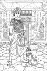 Pharaoh with a cat in the temple. Ancient egypt. Coloring book for adults. Ancient world. Vector image.