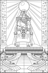 Pharaoh on the throne. Girls with wings. Coloring book for adults. Ancient world. Vector image.