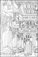 Coloring book for adults. Ancient Egypt. Pharaoh walks into the tomb. Statues and mummies. Vector black and white image.