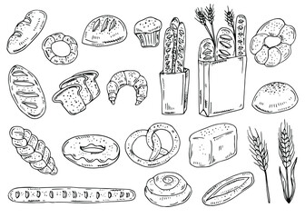 Set of drawings bakery theme. cakes, pies, Bread and pastry collection. Bread house. vector black and white sketch illustration isolated on white background