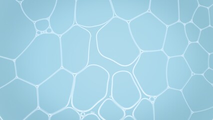 Clear fluid flows between different sized transparent bubble grid against pale blue background | Macro shot of body care cosmetics for its commercial