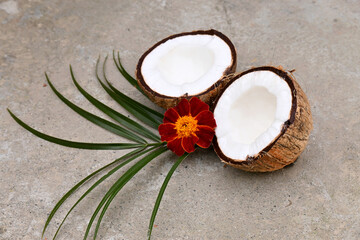 the pair of white brown coconut with marigold flowers and green leaves over out of focus grey background.