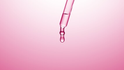 Macro shot of drop hanging from chemical dropper on pale pink background | Abstract skincare lotion...