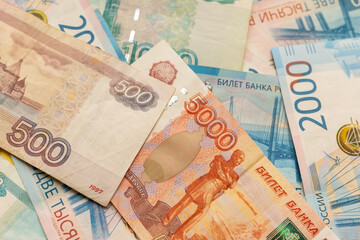 Russian money. Different denomination of bills. Close-up of Russian rubles. Finance concept. Money background and texture