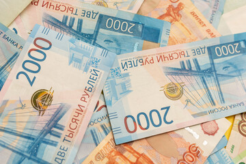 Russian money. Different denomination of bills. Close-up of Russian rubles. Finance concept. Money background and texture